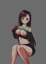 Rule 34 | 1990s (style), 1girl, absurdres, blush, breasts, brown eyes, brown hair, clothes lift, elbow gloves, female focus, final fantasy, final fantasy vii, gloves, highres, konoto, long hair, midriff, miniskirt, nipples, retro artstyle, shirt lift, simple background, skirt, solo, tank top, tifa lockhart