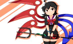 Rule 34 | 1girl, :&gt;, ahoge, asymmetrical hair, asymmetrical wings, black dress, black hair, black thighhighs, blush, breasts squeezed together, breasts, covered navel, dress, houjuu nue, looking at viewer, manorea, polearm, red eyes, short dress, short hair, smile, snake, solo, thighhighs, touhou, trident, tsurime, weapon, wings, zettai ryouiki
