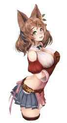 Rule 34 | 1girl, :d, animal ears, ass, barbariank, bare shoulders, belt, blush, breasts, brown gloves, brown hair, butt crack, clothing cutout, commentary, cowboy shot, cropped legs, ear ornament, english commentary, erune, from side, gloves, granblue fantasy, green eyes, highres, la coiffe (granblue fantasy), large breasts, looking at viewer, medium hair, miniskirt, open mouth, own hands together, pleated skirt, puffy short sleeves, puffy sleeves, short sleeves, shoulder cutout, simple background, skirt, smile, solo, standing, thighhighs, white background