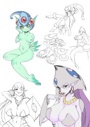 absurdres bracelet calamaramon digimon digimon_(creature) digimon_frontier earrings fins frog_girl helmet highres jewelry lipstick long_hair makeup monster_girl purple_hair ranamon red_eyes sketch squid_girl tentacles