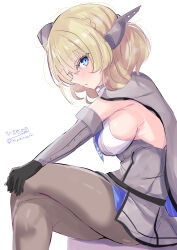 Rule 34 | 1girl, absurdres, artist logo, black pantyhose, blonde hair, blue necktie, braid, breasts, capelet, colorado (kancolle), dress, elbow gloves, feet out of frame, garrison cap, gloves, grey capelet, grey dress, grey gloves, grey hat, hat, headgear, highres, hizaka, kantai collection, looking at viewer, necktie, one-hour drawing challenge, pantyhose, profile, short hair, side braids, sideboob, sideless shirt, simple background, sitting, solo, white background