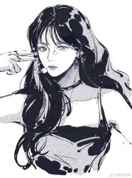 Rule 34 | 1girl, absurdres, aespa, animification, chinese commentary, collarbone, dress, expressionless, floating hair, greyscale, halftone, highres, jewelry, k-pop, karina (aespa), long hair, looking at viewer, mole, mole under mouth, monochrome, multiple rings, portrait, real life, ring, simple background, sketch, solo, v, weibo watermark, white background, yuanwei shaoya