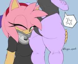 Rule 34 | 2girls, amy rose, anger vein, artist name, ass, blaze the cat, cat girl, furry, furry female, highres, huge ass, kappa spark, long eyelashes, multiple girls, neck brace, one eye closed, pink fur, purple fur, sonic (series), tagme, thick thighs, thighs, wink, yuri