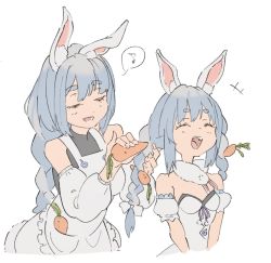 Rule 34 | 2girls, animal ear fluff, animal ears, apron, arm garter, bennopi, black shirt, blush, braid, breasts, carrot, carrot hair ornament, closed eyes, commentary, detached sleeves, don-chan (usada pekora), dress, food-themed hair ornament, fur scarf, hair ornament, hair ribbon, highres, holding another&#039;s hair, hololive, humming, laughing, long hair, medium breasts, mother and daughter, multicolored hair, multiple girls, musical note, off-shoulder dress, off shoulder, open mouth, pekomama, pom pom (clothes), ponytail, rabbit ears, ribbon, shirt, simple background, small breasts, smile, spoken musical note, strapless, strapless dress, thick eyebrows, tress ribbon, twin braids, twintails, two-tone hair, upper body, usada pekora, usada pekora (1st costume), virtual youtuber, white apron, white background, white dress, white ribbon