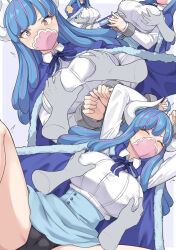 Rule 34 | 1boy, 1girl, black panties, blue hair, breasts, collared shirt, commentary, covered erect nipples, grabbing, grabbing another&#039;s breast, grabbing from behind, hetero, high-waist skirt, highres, horns, large breasts, long hair, long sleeves, looking at viewer, mask, multicolored hair, one piece, panties, pink hair, shirt, shiseki hirame, skirt, spread legs, thighs, two-tone hair, ulti (one piece), underwear, white shirt