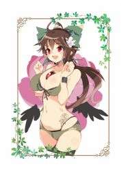 Rule 34 | 1girl, :d, ahoge, bare arms, bare shoulders, between breasts, bikini, black bikini, black thighhighs, blush, border, bow, breasts, brown hair, commentary request, cowboy shot, cropped legs, flower, green bikini, green bow, hair between eyes, hair bow, hair flower, hair ornament, hands up, highleg, highleg bikini, highres, large breasts, layered bikini, long hair, navel, open mouth, red eyes, reiuji utsuho, simple background, smile, solo, standing, stomach, stomach tattoo, swimsuit, tattoo, tetsurou (fe+), thighhighs, thighs, touhou, white background, white flower, wrist cuffs
