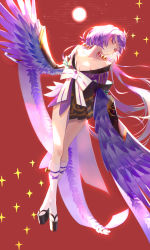 Rule 34 | 1girl, breasts, cleavage, dr4v3n, closed eyes, feathered wings, feathers, hair ornament, highres, itsumade (onmyoji), japanese clothes, long hair, monster girl, onmyoji, purple hair, solo, wide sleeves, winged arms, wings
