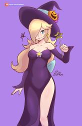 Rule 34 | 1girl, absurdres, artist name, bare shoulders, blonde hair, blue eyes, breasts, brooch, collarbone, dress, earrings, hair over one eye, hat, highres, holding, holding wand, jack-o&#039;-lantern hat ornament, jewelry, long hair, looking at viewer, mario (series), mario kart, mario kart tour, nintendo, patreon logo, patreon username, purple background, purple dress, purple hat, raydango, rosalina, rosalina (halloween), side slit, signature, smile, solo, star (symbol), star earrings, wand, witch hat