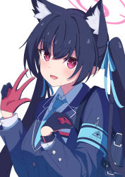 Rule 34 | 1girl, absurdres, animal ear fluff, animal ears, aot., bag, black gloves, blue archive, blue ribbon, cat ears, collar, collared shirt, fang, gloves, hair between eyes, hair ribbon, halo, highres, long hair, long sleeves, looking at viewer, open mouth, pink eyes, red gloves, ribbon, school bag, school uniform, serika (blue archive), shirt, simple background, smile, solo, twintails, two-tone gloves, upper body, v, watch, white background, white collar, white shirt, wristwatch