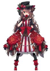 Rule 34 | 1girl, black gloves, black hat, black pantyhose, blue eyes, boots, brown hair, dress, flower, frilled dress, frills, full body, gloves, hair over one eye, hand up, hat, hat flower, highres, ikeuchi tanuma, legs apart, long hair, looking at viewer, original, pantyhose, pink flower, pink rose, red flower, red footwear, red rose, rose, simple background, solo, standing, white background