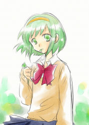 Rule 34 | 1girl, bow, cardigan, clover, four-leaf clover, green eyes, green hair, gumi, looking at viewer, matching hair/eyes, miisuke (pinksugar), mouth hold, neck ribbon, ribbon, school uniform, solo, vocaloid