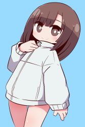 Rule 34 | 1girl, blue background, blush, brown eyes, brown hair, closed mouth, commentary request, dutch angle, grey jacket, hair between eyes, hand up, highres, jacket, kitanaga, long hair, long sleeves, looking at viewer, naga u, puffy long sleeves, puffy sleeves, simple background, sleeves past wrists, smile, solo, thigh gap, ueno-san wa bukiyou