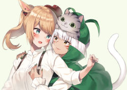 Rule 34 | 2girls, animal, animal ears, animal on head, warrior of light (ff14), bad id, bad twitter id, blue eyes, blush, breasts, brown eyes, cape, cat, cat ears, closed mouth, collared shirt, commentary request, ear piercing, facial mark, final fantasy, final fantasy xiv, fingernails, green cape, green nails, light brown hair, long sleeves, midorikawa you, miqo&#039;te, multiple girls, nail polish, on head, open mouth, piercing, ponytail, red headwear, sharp fingernails, shirt, simple background, sleeves past wrists, small breasts, smile, suspenders, tilted headwear, upper body, whisker markings, white hair, white shirt