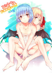Rule 34 | 2girls, artist request, bare arms, bare legs, barefoot, bat wings, blonde hair, blue hair, camisole, feet, feet together, flandre scarlet, hair ribbon, hand on another&#039;s shoulder, highres, jewelry, long hair, looking at viewer, multiple girls, necklace, off shoulder, panties, red eyes, red ribbon, remilia scarlet, ribbon, sakusyo, short hair, siblings, sisters, sitting, slit pupils, strap slip, toes, touhou, underwear, v arms, white panties, wings