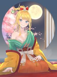 Rule 34 | 1girl, absurdres, bare shoulders, blonde hair, blue eyes, bow, breasts, cleavage, collarbone, commentary request, dot nose, flower, full moon, granblue fantasy, hair flower, hair ornament, heart, highres, indoors, japanese clothes, kneeling, large breasts, long hair, looking at viewer, mirin (granblue fantasy), moon, night, on ground, red bow, renzu (lens 02), round window, smile, solo, tree, wide sleeves, window