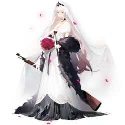 Rule 34 | 1girl, black choker, bolt action, bouquet, breasts, bridal veil, choker, collarbone, cross, cross necklace, crown hair ornament, dress, flower, full body, fur trim, girls&#039; frontline, gun, hair ribbon, holding, holding bouquet, jewelry, kar98k (girls&#039; frontline), kar98k (purity in vermilion) (girls&#039; frontline), long dress, long hair, looking at viewer, mauser 98, medium breasts, necklace, official alternate costume, official art, petals, red eyes, red flower, red rose, ribbon, rifle, rose, simple background, solo, standing, transparent background, veil, very long hair, weapon, wedding, wedding dress, white dress, white hair, yukuso (dabiandang)