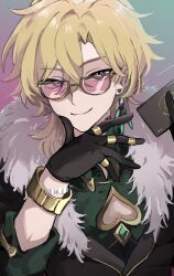 Rule 34 | 1boy, aventurine (honkai: star rail), awe (adorableduckyy), black gloves, blonde hair, card, closed mouth, commentary, earrings, fur trim, glasses, gloves, hair between eyes, highres, holding, holding card, honkai: star rail, honkai (series), jewelry, looking at viewer, male focus, pectoral cleavage, pectorals, ring, smile, solo, symbol-only commentary, upper body