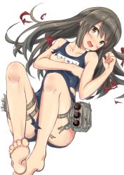 Rule 34 | 10s, 1girl, alternate costume, alternate hairstyle, bad id, bad twitter id, barefoot, blush, commentary request, covering privates, covering breasts, feet, hair down, highres, ichikawa feesu, isonami (kancolle), kantai collection, long hair, machinery, one-piece swimsuit, open mouth, school swimsuit, simple background, solo, swimsuit, torn clothes, white background