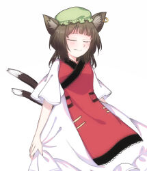 Rule 34 | 1girl, animal ear fluff, animal ear piercing, animal ears, arms at sides, blunt bangs, blush, cat ears, cat tail, chen, closed eyes, closed mouth, commentary request, cowboy shot, dress, earrings, foul detective satori, green hat, hat, highres, jewelry, light smile, mob cap, multiple tails, nekomata, red tabard, simple background, single earring, solo, tabard, tail, toraneko 2, touhou, two tails, white background, white dress, wide sleeves