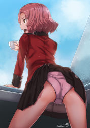 Rule 34 | &gt;:d, 10s, 1girl, :d, artist name, ass, blazer, blue sky, brown eyes, cup, day, from behind, from below, girls und panzer, hamushima, holding, holding cup, jacket, legs apart, long sleeves, military, military vehicle, motor vehicle, open mouth, panties, pink hair, pink panties, pleated skirt, profile, red jacket, rosehip (girls und panzer), short hair, skirt, sky, smile, solo, standing, tank, teacup, teeth, thighs, underwear, upskirt, v-shaped eyebrows, wardrobe malfunction