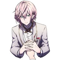 Rule 34 | 1boy, 1other, closed mouth, formal, green eyes, hair between eyes, hair ornament, holding hands, holostars, long sleeves, looking at viewer, male focus, pink hair, pov, rikka (holostars), shirt, smile, suit, transparent background, upper body, virtual youtuber, white shirt, yaeyama reishi