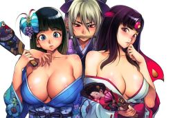 Rule 34 | 3girls, ancient princess menace, areola slip, bare shoulders, black hair, blue eyes, blush, body blush, breasts, cleavage, dyed bangs, echidna (queen&#039;s blade), echidna (queen's blade), embarrassed, f.s., hagoita, huge breasts, japanese clothes, large breasts, long hair, menace (queen&#039;s blade), menace (queen's blade), multiple girls, musha miko tomoe, paddle, queen&#039;s blade, tomoe (queen&#039;s blade), tomoe (queen's blade), veteran mercenary echidna
