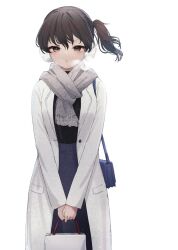 Rule 34 | 1girl, bag, black shirt, blue skirt, blush, brown eyes, brown hair, coat, earmuffs, fringe trim, grey scarf, hair between eyes, holding, holding bag, kaga (kancolle), kantai collection, long hair, looking at viewer, one-hour drawing challenge, open clothes, open coat, scarf, shirt, shoulder bag, side ponytail, simple background, skirt, solo, white background, white coat, yamashichi (mtseven)