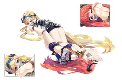 Rule 34 | 2girls, absurdres, arknights, arms behind back, ass, bagpipe (arknights), bagpipe (queen no. 1) (arknights), bare legs, bare shoulders, barefoot, bdsm, black gloves, black skirt, blonde hair, blue eyes, blue hairband, blush, bondage, bound, bound legs, breasts, chinese commentary, commentary request, crop top, elbow gloves, gag, gagged, gloves, hairband, highres, horns, improvised gag, large breasts, long hair, lying, microskirt, midriff, multiple girls, official alternate costume, on back, on stomach, orange hair, panties, pointy ears, purple eyes, purple shorts, rope, saileach (arknights), shirt, short shorts, shorts, simple background, skirt, stomach, tape, tape gag, thighs, underwear, very long hair, white background, white panties, white shirt, xiongmao