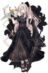 Rule 34 | 1girl, bare shoulders, black bow, black dress, bow, commentary request, drag-on dragoon, drag-on dragoon 3, dragon, dress, flower, flower over eye, hair ornament, hairpin, highres, holding, holding sword, holding weapon, long hair, lunar tear, mikhail (drag-on dragoon), nier (series), nier reincarnation, official alternate costume, parted lips, red eyes, rolling anco, simple background, sword, very long hair, weapon, white background, wide sleeves, zero (drag-on dragoon)