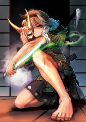 Rule 34 | 1girl, absurdres, adapted costume, alternate costume, alternate eye color, armor, aura, bad id, bad pixiv id, barefoot, blade, clenched teeth, feet, flower, foreshortening, glowing, glowing weapon, green skirt, green vest, hairband, highres, holding, holding mask, indoors, japanese armor, konpaku youmu, konpaku youmu (ghost), legs, looking at viewer, mask, mo ne, one eye covered, on one knee, oni mask, red eyes, scabbard, serious, sheath, sheathed, shirt, short hair, silver hair, skirt, skirt set, sliding doors, solo, teeth, toenails, touhou, unsheathed, vest, weapon, white shirt, wooden floor