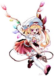 Rule 34 | 1girl, ascot, blonde hair, bow, crystal, fang, fifiruu, flandre scarlet, frills, hat, hat ribbon, medium hair, mob cap, one side up, puffy short sleeves, puffy sleeves, red bow, red eyes, red ribbon, red vest, ribbon, shirt, short sleeves, side ponytail, skirt, skirt set, solo, touhou, vest, white hat, wings, yellow ascot