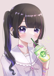 Rule 34 | 1girl, absurdres, bags under eyes, bandaid, bandaid on arm, bandaid on neck, black hair, blunt bangs, blush, brooch, colored inner hair, cup, disposable cup, drink, drinking, drinking straw, drinking straw in mouth, ear piercing, earrings, food, fruit, gem, hand up, heart, highres, holding, holding cup, holding drink, jewelry, long hair, looking at viewer, melon, multicolored hair, multiple earrings, nail polish, neck ribbon, nemui 85, notice lines, original, piercing, pink hair, purple eyes, purple hair, ribbon, sailor collar, spiked ear piercing, streaked hair, twintails, whipped cream, wristband
