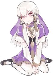 Rule 34 | 1girl, closed mouth, dress, fire emblem, fire emblem: three houses, hair ornament, highres, kneeling, long hair, long sleeves, lysithea von ordelia, nintendo, pink eyes, sakuramotikun, simple background, sitting, smile, solo, wariza, white background, white hair, white legwear