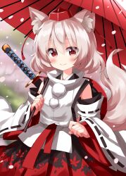 Rule 34 | 1girl, animal ear fluff, animal ears, bare shoulders, black skirt, blush, closed mouth, detached sleeves, hair between eyes, hat, highres, holding, holding umbrella, inubashiri momiji, japanese clothes, looking at viewer, oil-paper umbrella, pom pom (clothes), red eyes, red hat, red skirt, red umbrella, ribbon-trimmed sleeves, ribbon trim, ruu (tksymkw), short hair, skirt, smile, solo, tail, tokin hat, touhou, umbrella, upper body, white hair, white sleeves, wide sleeves, wolf ears, wolf tail