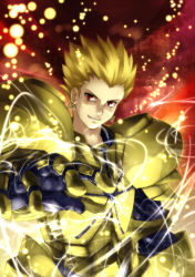 Rule 34 | 1boy, armor, blonde hair, chaigidhiell, earrings, fate/stay night, fate (series), gilgamesh (fate), highres, jewelry, light particles, male focus, red eyes, short hair, solo