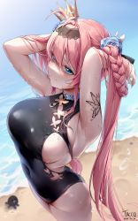 Rule 34 | absurdres, ahoge, ass, beach, black one-piece swimsuit, blue eyes, braid, breasts, collar, crown, curvy, highres, large breasts, long hair, navel, one-piece swimsuit, pink hair, skindentation, swimsuit, tacco (tikeworld), tattoo, thighs, very long hair