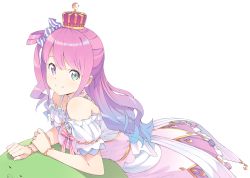 Rule 34 | 1girl, bare shoulders, bracelet, candy hair ornament, closed mouth, crown, dress, food-themed hair ornament, gradient hair, green eyes, hair ornament, hair rings, heterochromia, himemori luna, himemori luna (1st costume), hololive, jewelry, kanzaki hiro, long hair, looking at viewer, multicolored hair, off-shoulder dress, off shoulder, one side up, pink dress, pink hair, princess, purple eyes, purple hair, short dress, smile, solo, spaghetti strap, virtual youtuber, wavy hair