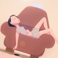 Rule 34 | 1girl, absurdres, bare legs, barefoot, black hair, breasts, cat, chair, controller, foot out of frame, gonghuh, grey shirt, grey shorts, highres, light brown background, midriff, open mouth, original, remote control, shadow, shirt, short hair, short sleeves, shorts, sleeping, small breasts, solo, white cat