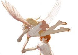 Rule 34 | 2girls, angel, angel wings, bare legs, barefoot, blonde hair, clenched hand, closed mouth, commentary, dress, flying, holding hands, long hair, looking at viewer, multiple girls, orange eyes, orange hair, original, short hair, short sleeves, signature, simple background, smile, soles, syalgu, symbol-only commentary, toes, white background, white dress, wings