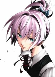 Rule 34 | 10s, 1girl, aqua eyes, buttons, hair between eyes, hair ornament, kantai collection, lips, looking at viewer, monochrome, natsupa, neck ribbon, pink hair, ponytail, profile, red ribbon, ribbon, shiranui (kancolle), solo, vest, white background