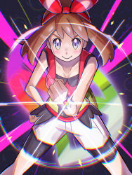 Rule 34 | 1girl, bike shorts, blush, bow, breasts, cleavage, collarbone, creatures (company), game freak, glowing, hand on own hip, highres, inana umi, light brown hair, looking at viewer, may (pokemon), medium breasts, mega ring, nintendo, pokemon, pokemon oras, red bow, red shirt, shirt, shorts, sleeveless, sleeveless shirt, smile, standing