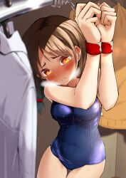 Rule 34 | 1girl, arms up, bdsm, blue one-piece swimsuit, blush, bondage, bound, bound wrists, bow, breasts, brown hair, chain, closed mouth, closet, clothes hanger, covered navel, cowboy shot, crying, hair bow, highres, large breasts, looking at viewer, medium hair, one-piece swimsuit, orange eyes, original, restrained, sarujie (broken monky), school swimsuit, steam, sweat, swimsuit