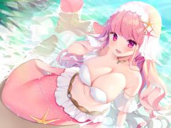 Rule 34 | 1girl, :d, bare shoulders, bikini, bikini top only, blurry, blurry foreground, blush, breasts, cleavage, commentary request, day, depth of field, hair ribbon, hand up, highres, large breasts, long hair, looking at viewer, mermaid, monster girl, open mouth, original, outdoors, pink hair, red eyes, ribbon, see-through, shallow water, shiika yuno, smile, solo, starfish, swimsuit, very long hair, water, white bikini, wrist cuffs