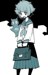 Rule 34 | 1girl, 1other, bag, character request, copyright request, dowman sayman, highres, messy hair, muted color, pantyhose, school bag, school uniform, serafuku, short hair, spot color