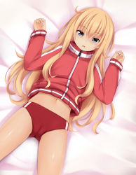 Rule 34 | 1girl, bed sheet, blonde hair, blue eyes, blush, buruma, cameltoe, commentary request, dutch angle, gabriel dropout, gabriel tenma white, hair between eyes, hands up, highres, jacket, long hair, long sleeves, lying, navel, nonaka ritsu, on back, parted lips, red buruma, red jacket, sleeves past wrists, solo, tears, track jacket, very long hair