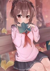 Rule 34 | 1girl, bench, blue skirt, blush, book, book to mouth, brown hair, cardigan, folded ponytail, highres, holding, holding book, inazuma (kancolle), kantai collection, leaf, long hair, long sleeves, looking at viewer, mochi nabe, neckerchief, pleated skirt, red neckerchief, school uniform, serafuku, sitting, skirt, solo