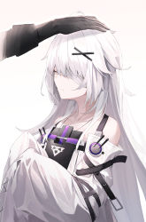 Rule 34 | 1girl, 1other, ab (cat921), absurdres, bandage over one eye, black gloves, closed eyes, commandant (punishing: gray raven), detached sleeves, flat chest, gloves, hair ornament, hairclip, headpat, highres, long hair, long sleeves, no.21: xxi (punishing: gray raven), no.21 (punishing: gray raven), punishing: gray raven, simple background, upper body, white hair