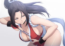 Rule 34 | 1girl, absurdres, arm rest, bare legs, bare shoulders, black hair, breasts, cleavage, fatal fury, fighting game, folding fan, hair between eyes, hair intakes, hand fan, high ponytail, highres, holding, holding fan, japanese clothes, kimono, large breasts, nishizuki shino, parted bangs, pelvic curtain, ponytail, red kimono, revealing clothes, shiranui mai, sideboob, smile, snk, solo, the king of fighters, thighs, yellow eyes