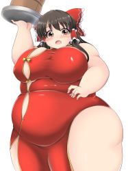 Rule 34 | 1girl, :o, bamboo steamer, bare arms, bare shoulders, big belly, blush, bow, breasts, brown eyes, brown hair, bucket, bursting belly, bursting breasts, carrying overhead, china dress, chinese clothes, dress, fat, fat rolls, hair bow, hair ribbon, hair tubes, hakurei reimu, highres, kurokaze no sora, large bow, large breasts, long hair, looking at viewer, obese, open mouth, ribbon, solo, sweatdrop, thick arms, thick thighs, thighs, touhou, tray, undersized clothes, wide hips, wooden bucket