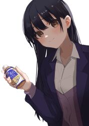 Rule 34 | 1girl, absurdres, black hair, blazer, blush, boku no kokoro no yabai yatsu, bottle, brown eyes, cardigan, closed mouth, collarbone, collared shirt, commentary, dress shirt, drink, hand up, head tilt, highres, hikarinohitori, holding, holding bottle, holding drink, jacket, light smile, long hair, looking at viewer, mole, mole on neck, open clothes, open jacket, purple cardigan, purple jacket, shirt, simple background, solo, translation request, upper body, white background, white shirt, yamada anna